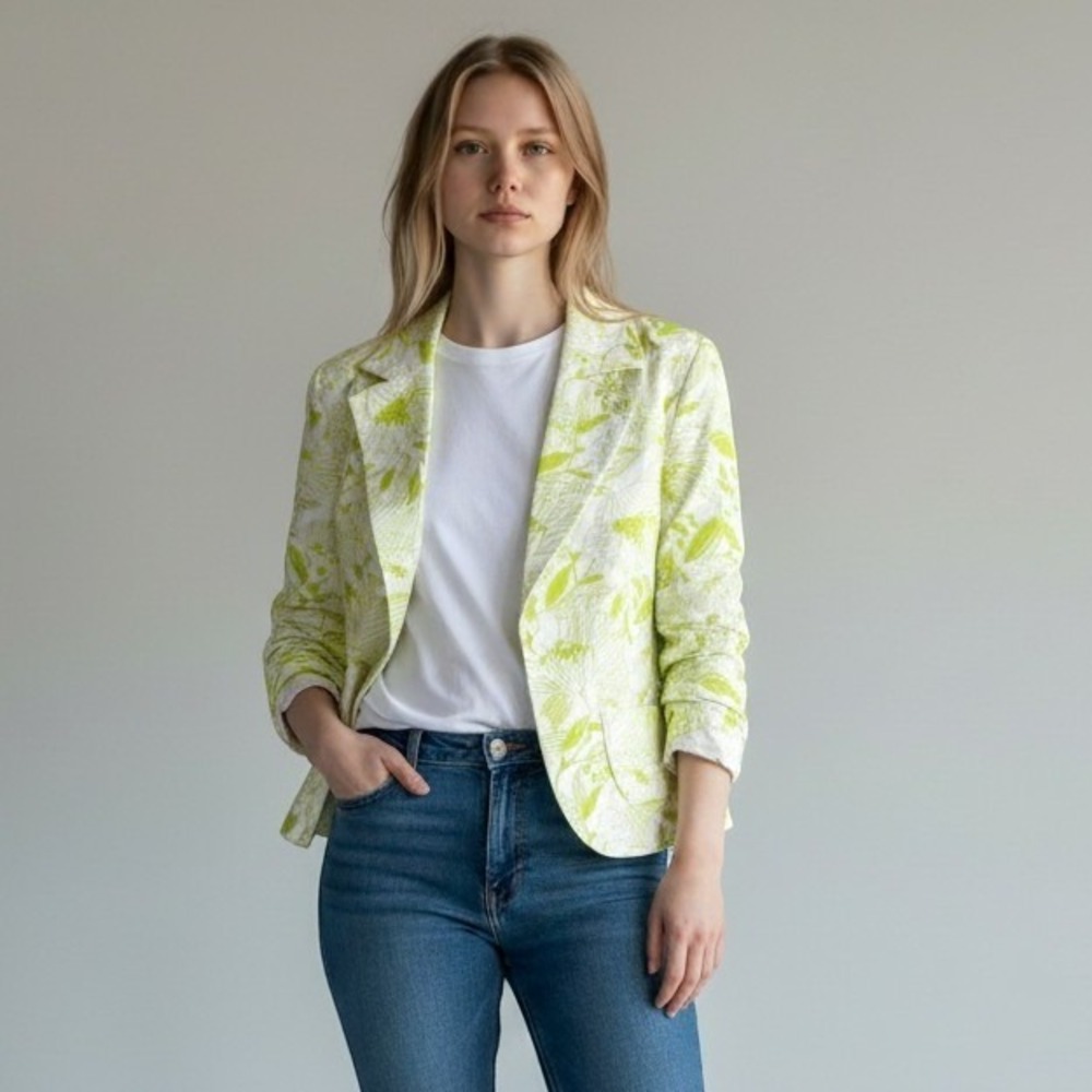 Style & Co Floral Linen Blazer Womens 14P‎ Green Excellent Lightweight Petite